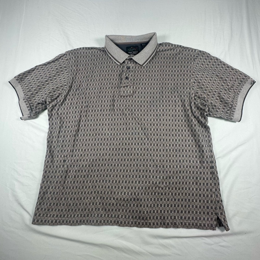 Greg Norman Collection Mens XL Grey Brown Geometric Knit Cotton Golf Polo Shirt